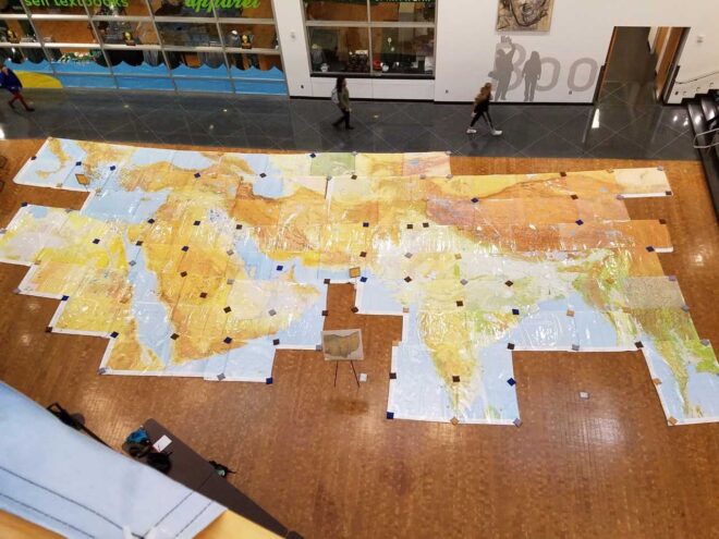 Aerial photo of the Map Walk maps in the Student Center atrium